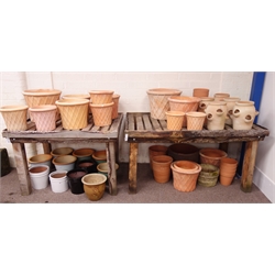  Two wood slatted potting tables, (W158cm and W127cm)  