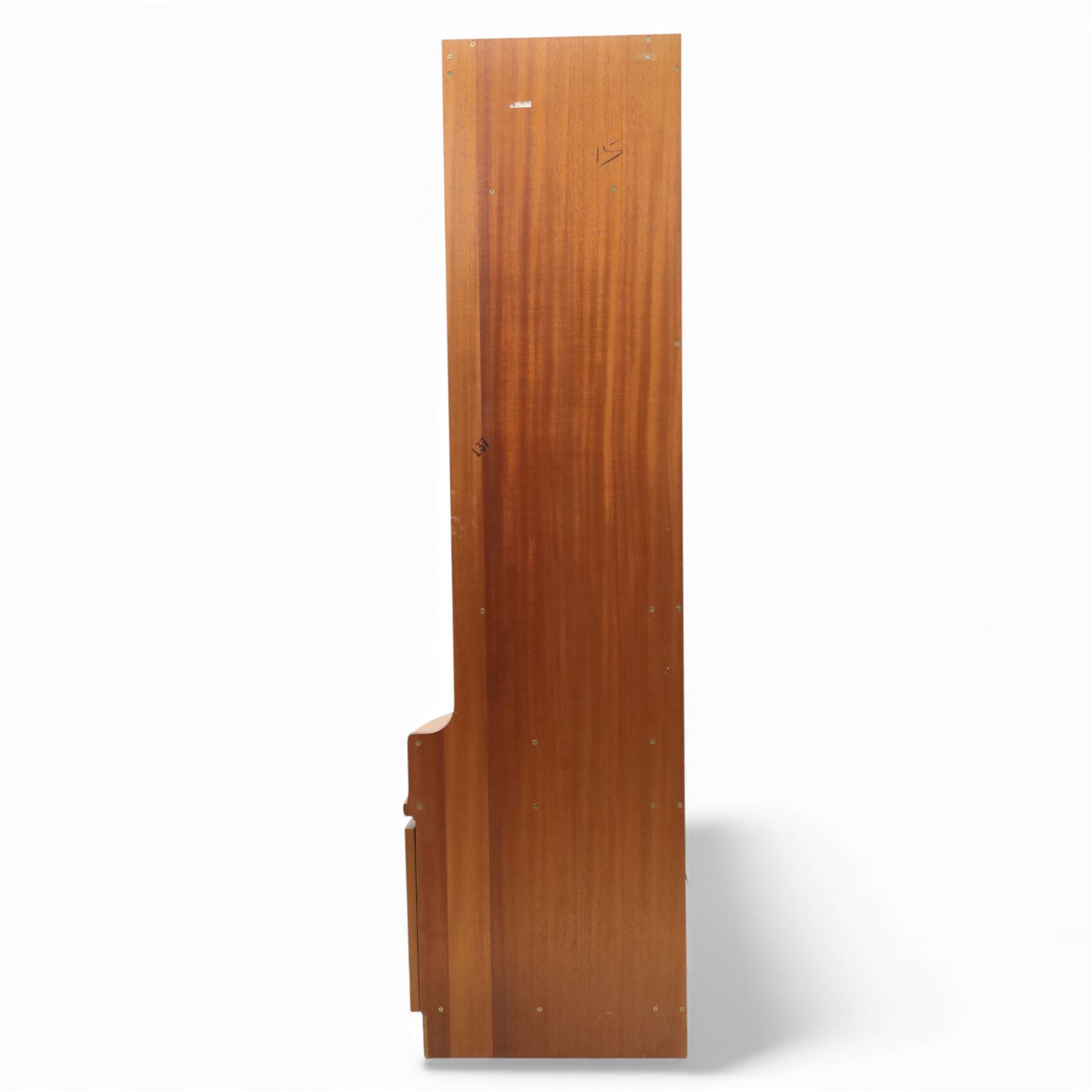 Nathan for Parker Knoll - corner cabinet, the upper section enclosed by two curved glazed doors with glass shelves, over a shaped base fitted with a single frieze drawer and panelled twin cupboard doors