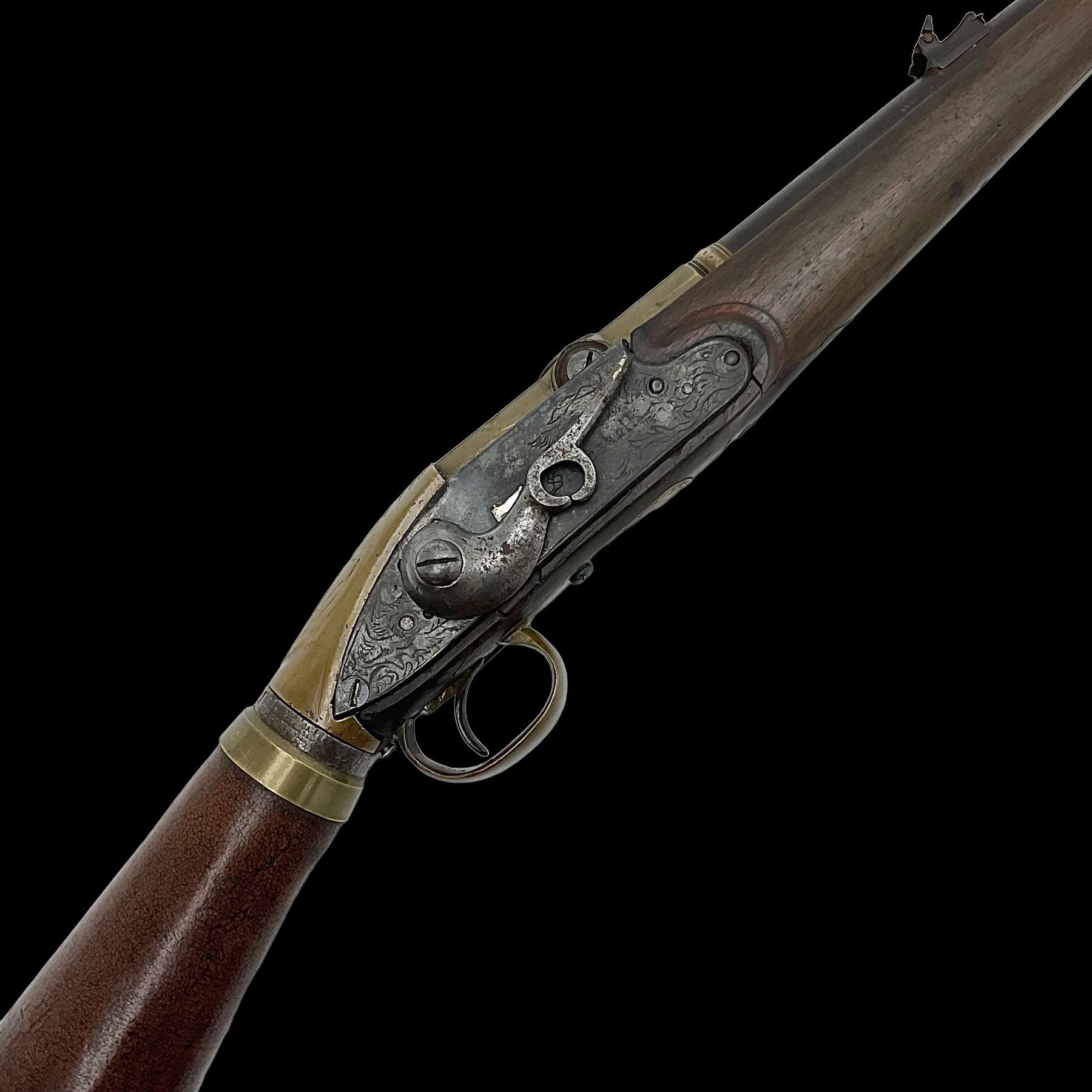 Late 18th century 7.2mm (approx. .28 calibre) Girandoni system single shot reservoir air rifle, the 62cm steel barrel with swivelling two-leaf rear sight, brass breech decorated with a sunburst and lever opening top loading, engraved steel lock-plates marked 'S. Gaskell' to the right side underneath the cocking lever, brass trigger guard,  leather covered steel butt reservoir of tapering conical form with brass ferrule and walnut fore-stock with horn mounts L107cm overall