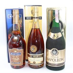 Mixed alcohol; Napoleon V.S.O.P brandy, Remy Martin V.S Grand Cru cognac and Martel VS cognac, various contents and proof (3)