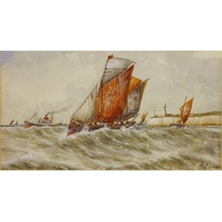  'Stormy Weather off Scarborough', watercolour signed by Ernest Adams, titled and dated 1918 in the mount 18cm x 32.5cm and Sailing Vessels in Stormy Seas off the Coast, watercolour sign by the same hand 17.5cm x 32cm (2)  