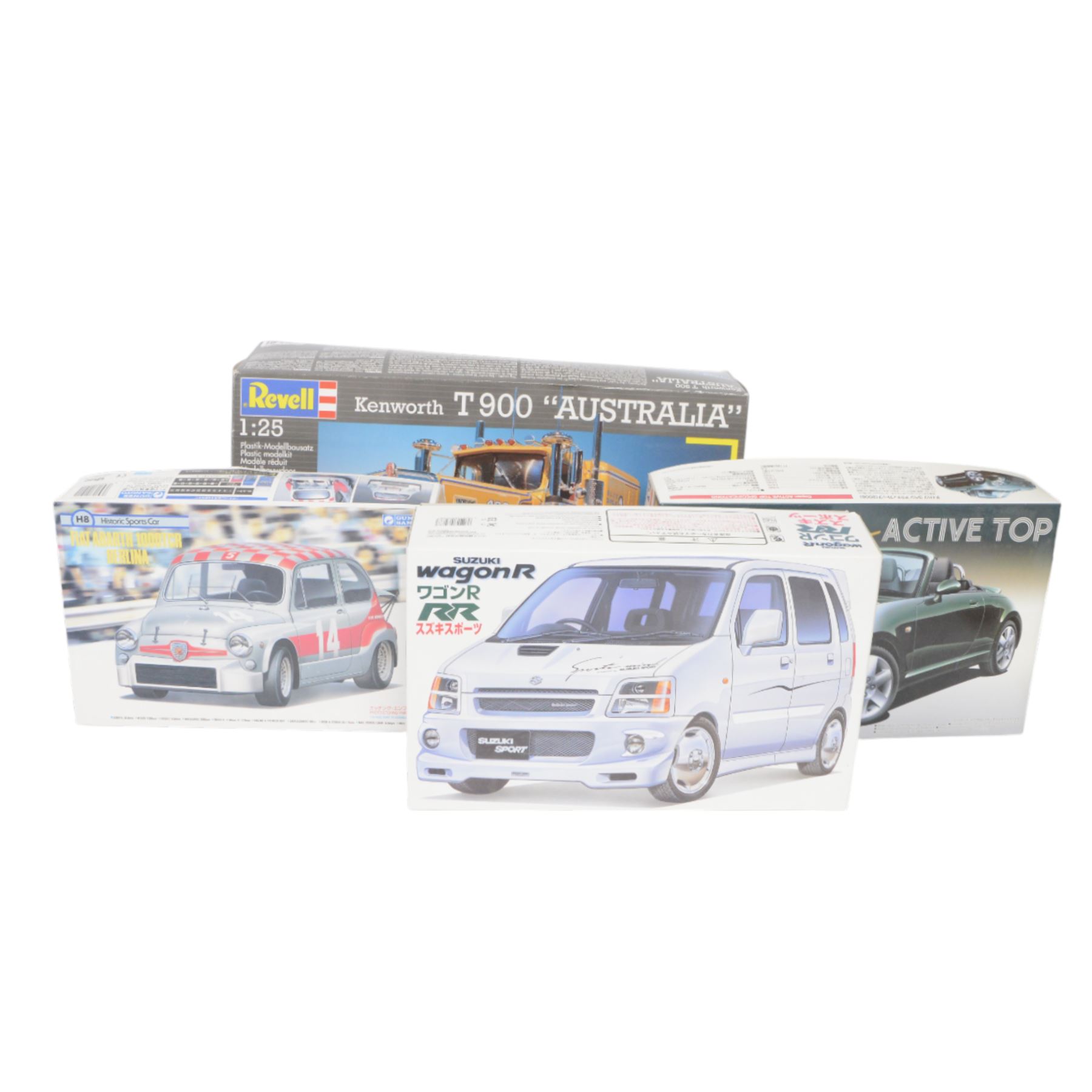 Ten vehicle model kits of varying scales, comprising Academy Boeing B-17G Flying Fortress, Revell Boeing 747-400, Revell Jeb Allen's Praying Mantis, Revell Kenworth T900 Australia, Aoshima Copen Active Top, Revell 56 Ford F-100 Pickup, Tamiya Honda CR250R Motocrosser, Fujimi Suzuki WagonR, Gunze Sangyo Fiat Abarth 1000TCR Berlina and Monogram Metal Master Packard Boattail Speedster, all boxed