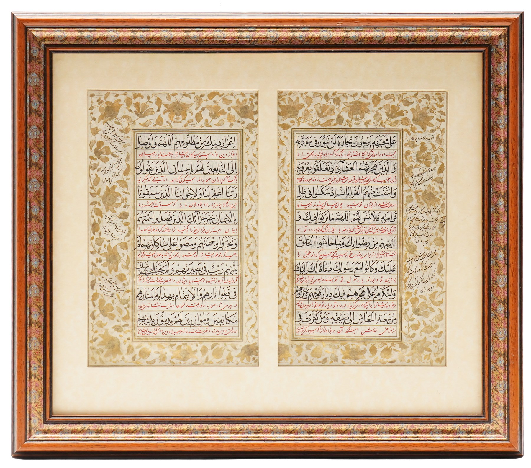 Five framed Quran/Koran manuscript leaves, various dates, to include illuminated and gilt examples, largest 31cm x 23cm (5)