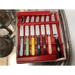 Collection of silver plate to include teapots, coffee pots, milk jug, sucrier, serving spoons, etc, together with pewter tankards 