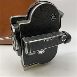 Paillard Bolex H16 Reflex 16mm cine camera with handgrip and turret for interchangeable lenses, KERN Vario-Switar 1:1,9 f=16-100mm POE BOLEX H16RX lens, KERN Switar 1:1,4 f=25mm H16 RX lens, KERN Switar 1:1,9 f=75mm lens, KERN Switar 1:1,6 f=10mm H16 RX lens