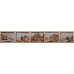 English School (19th century): Country and Coastal Scenes, set five watercolours framed as one unsigned 11cm x 15cm