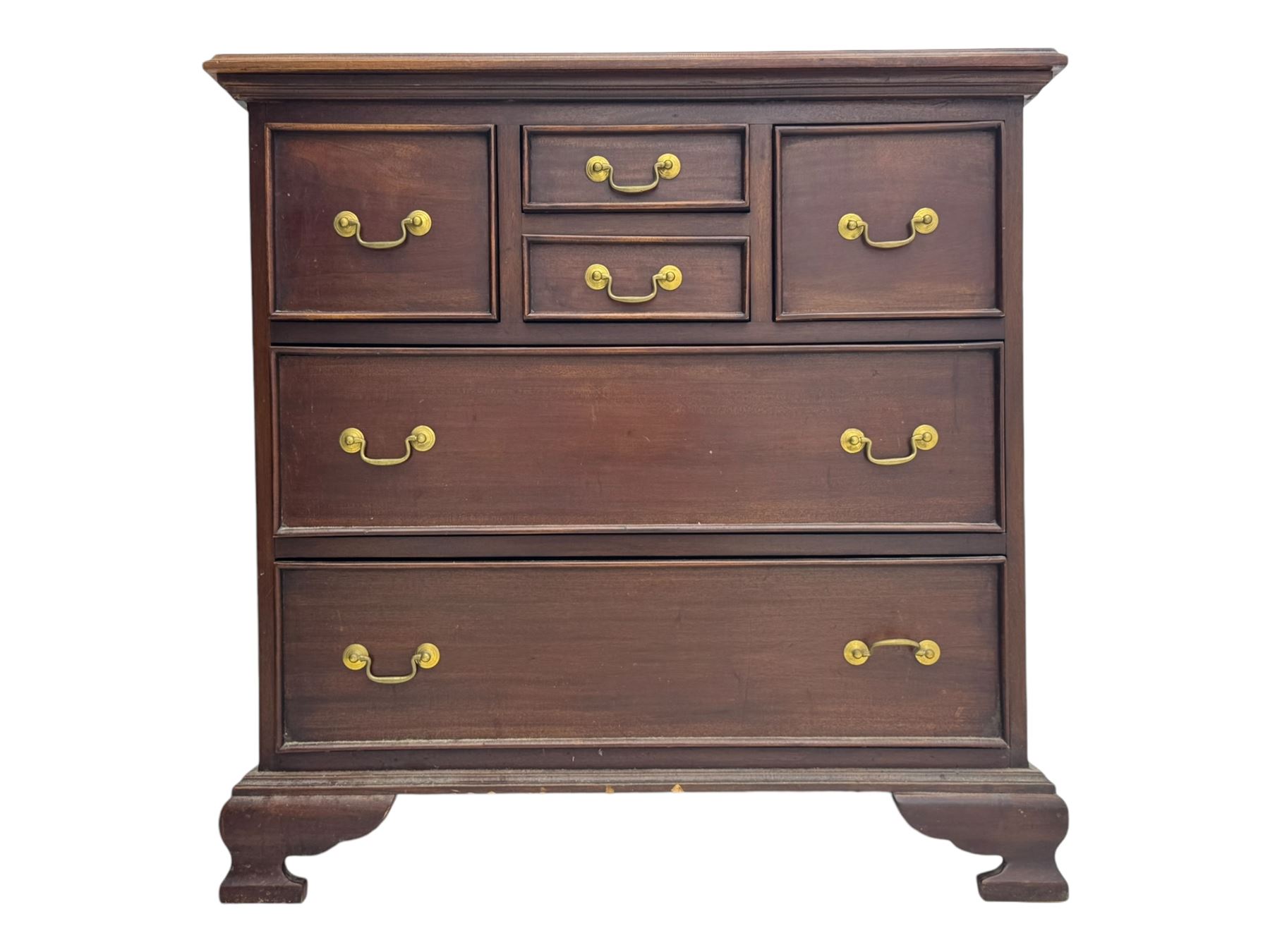 Georgian design mahogany chest, fitted with six drawers, on ogee bracket feet