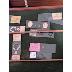 Victorian collector's specimen cabinet, containing a number of prepared microscope slides including miniature photographs, animal and human pathological, physiological and histological specimens and botanical specimens, mostly annotated in ink, the cabinet with glazed door, the drawers with bone handles and lined with green felt, owned by Dr Arthur Bristow, together with a picture of the doctor, cabinet H43cm