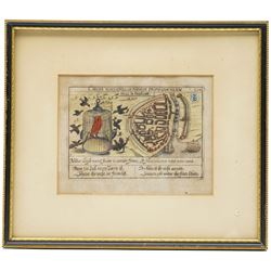 Daniel Meisner (German 1585-1625): 'Hull in Engellandt', 17th century engraved emblematic town plan or map with hand-colouring, featuring a birdcage allegory and Latin and German motto text, from Sciographia Cosmica, pub. Frankfurt c.1623, 13cm x 17cm