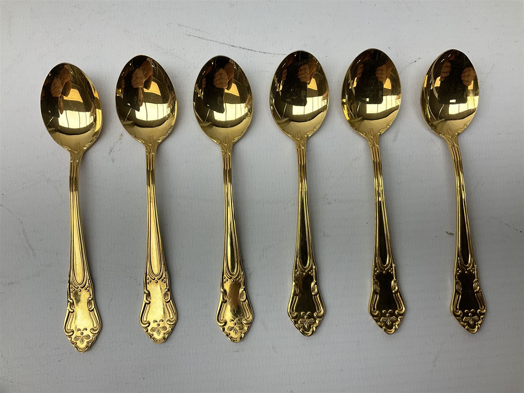 Victorian gold plated lorgnette glasses, 11cm and further set of six gold plated teaspoons stamped Sweden