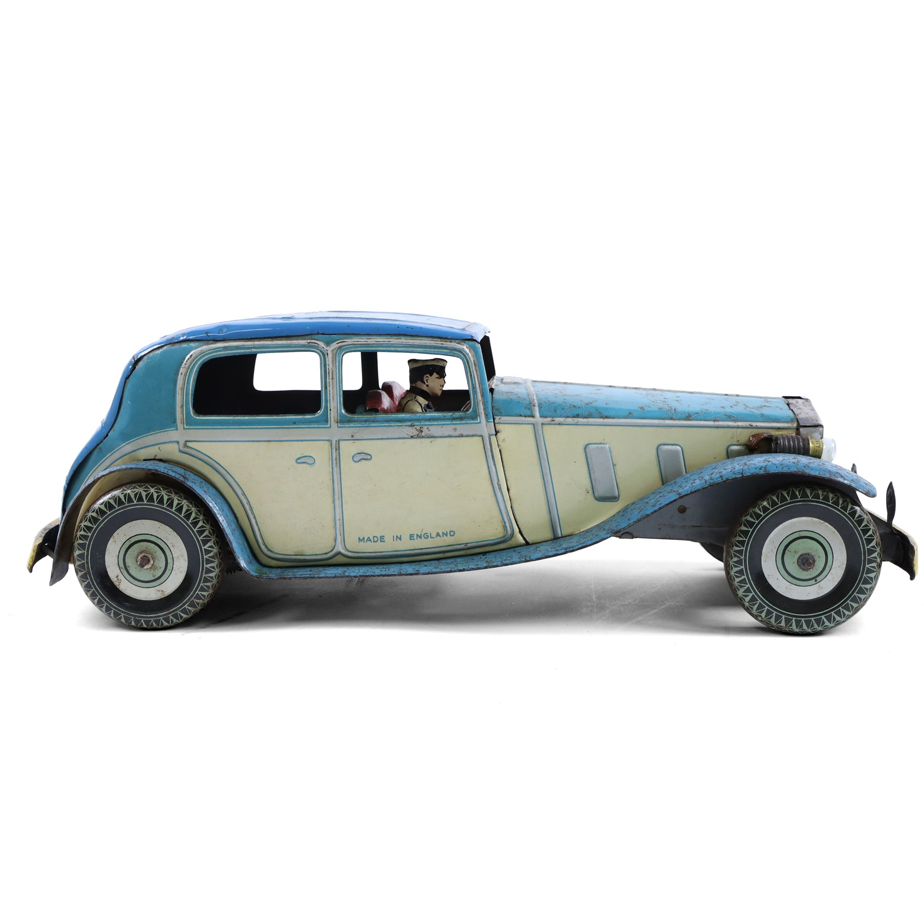 Mettoy large scale tinplate clockwork Rolls Royce, circa 1940, with cream body, blue roof and bonnet, red interior with driver, fixed key mechanism,  with electric headlights, H12cm, L35cm