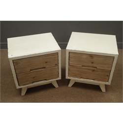  Rustic wood and painted two drawer bedside chests, W50cm, H56cm, D40cm    