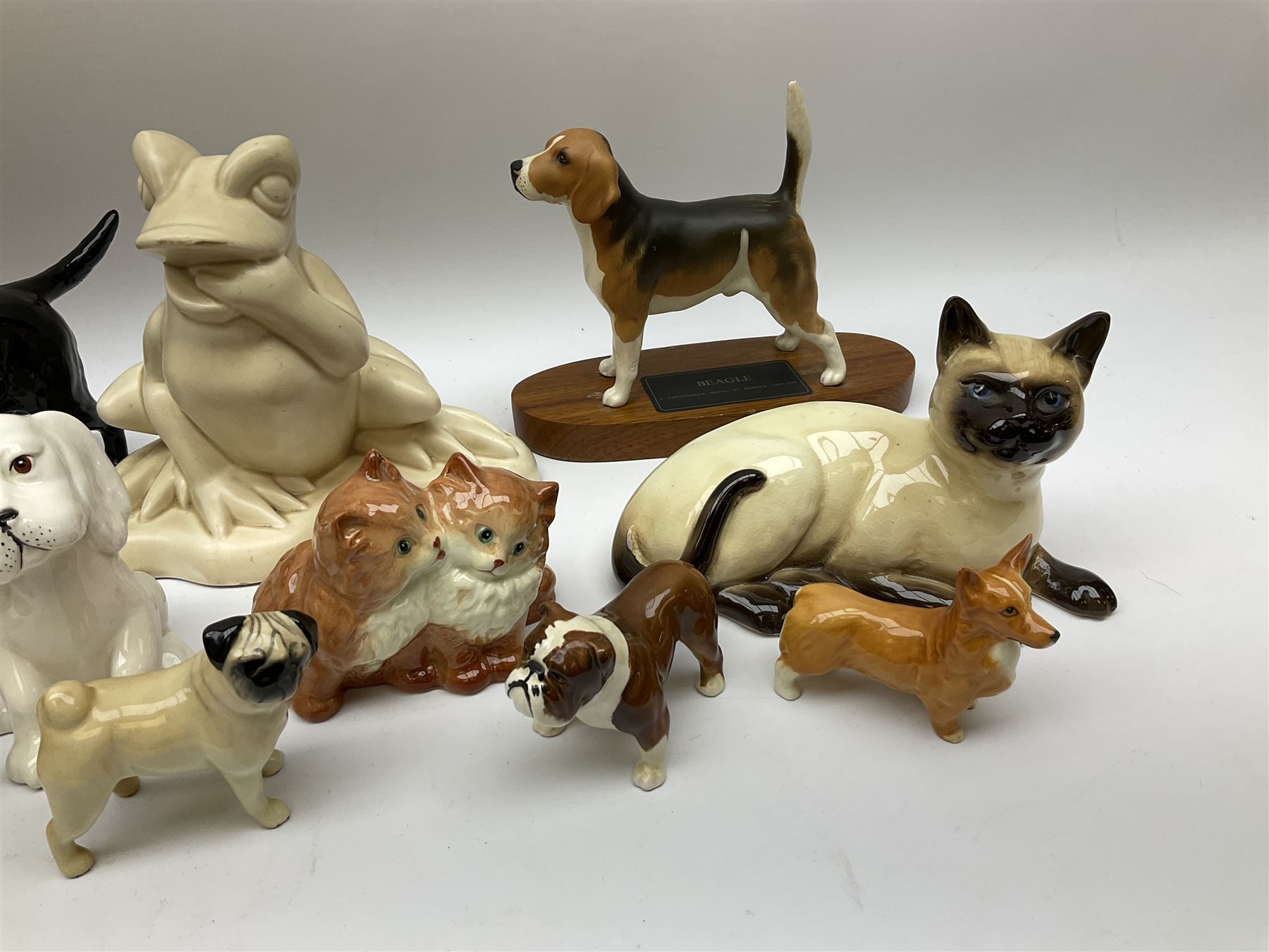 Beswick figures to include, english setter 'Bayldone Baronet', model no 973, collie, model no 1791, sheepdog, model no 1792, black labrador, model no 1548, Irish red setter, model no 966, Connoisseur Beagle on a wooden plinth 1933B, frog in cream matt, model no 368, etc 