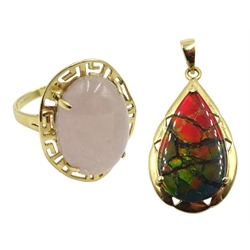 14ct rose oval rose quartz key design ring, hallmarked and a gold opal doublet, stamped 9K