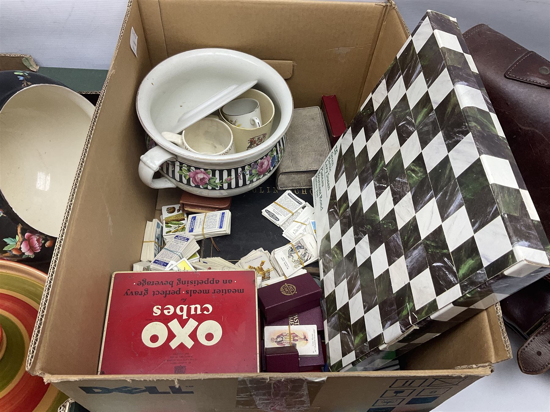 Crown Devon jardinier, together with marble lazy susan, leather bag and other collectables, in two boxes   