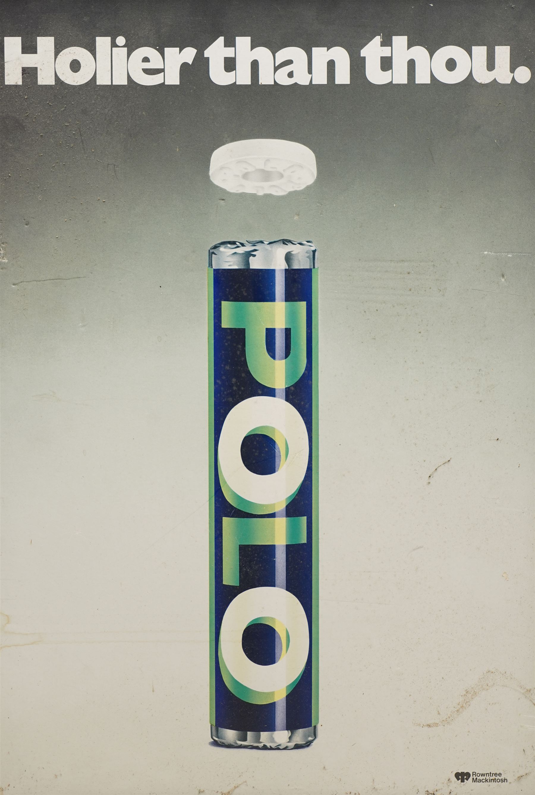 Original Rowntree Mackintosh (Rowntrees) advertising poster for Polos - 'Holier Than Thou', colour poster 48cm x 33cm
Provenance: from the personal collection of David Lamb, former advertising manager at Rowntree Mackintosh, York