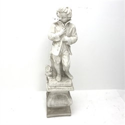  Painted composite stone figure of boy sheltering from the elements, on shaped column base, H120cm  