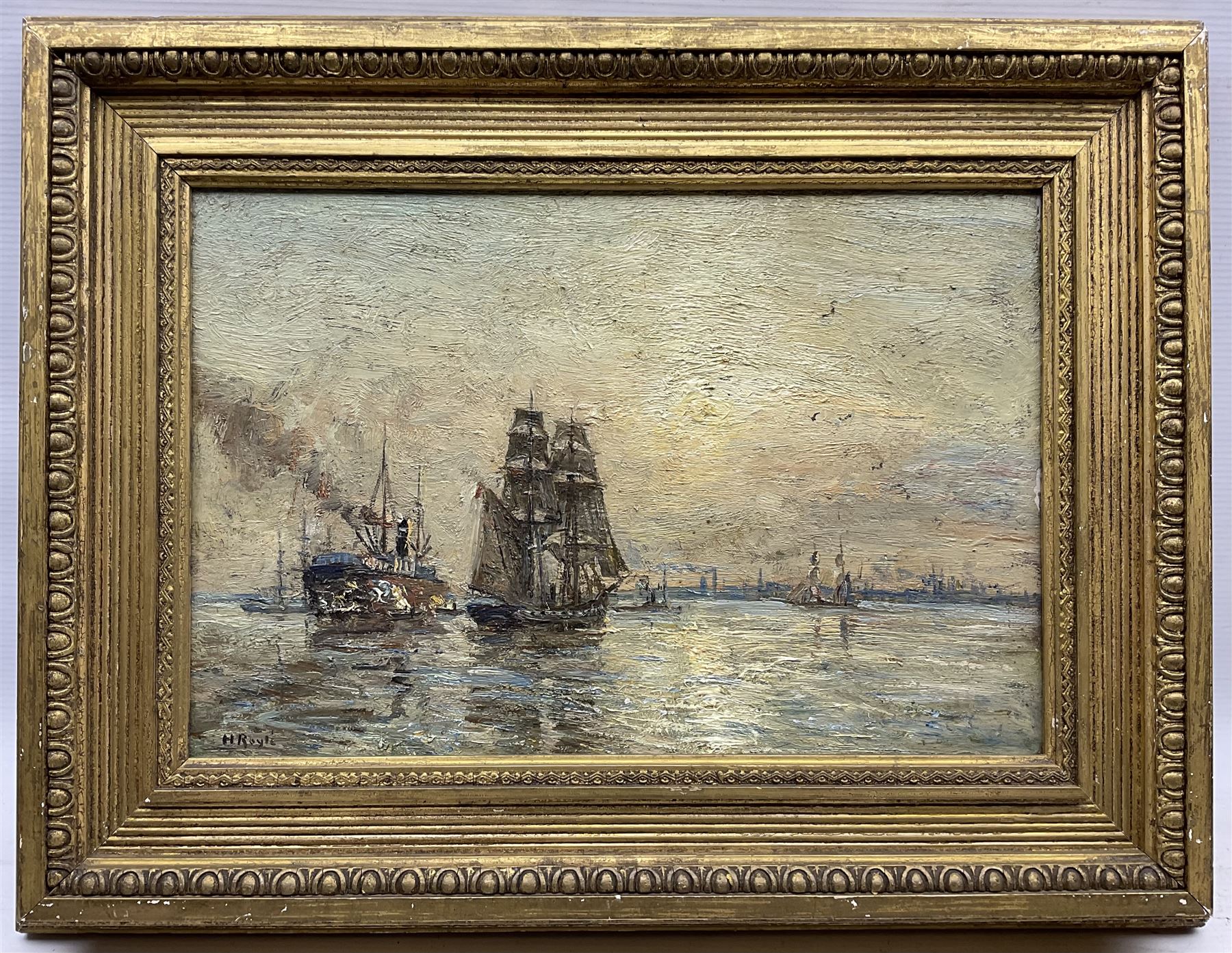Herbert F Royle (British 1870-1958): Steam and Sail Vessels at Sunset, oil on panel signed 25cm x 37cm