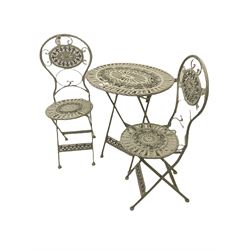 Oval pale green folding garden table, and two folding chairs
