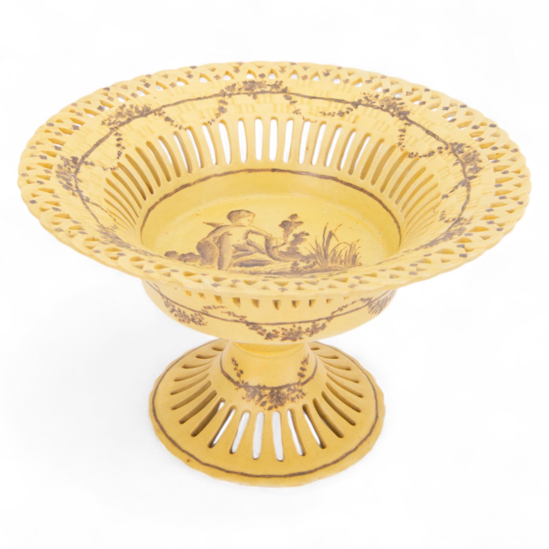 Continental tazza, decorated with swag, the central panel with cerub, marked Toussi Court beneath, H20cm