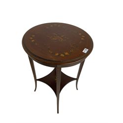 Greenwood and Sons York - early 20th century mahogany side or lamp table, decorated with floral garlands and central musical instrument motifs, with square tapering supports joined by an under-tier 