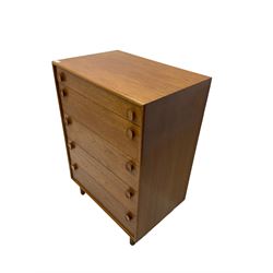 Meredew - mid-20th century teak chest of drawers, fitted with five drawers each with oval wood handles