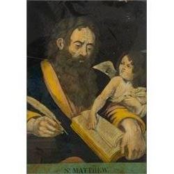 Four mid-19th century reverse glass mezzotints, 'Joseph sold by his brethren to the Ishmaelites' 'St Luke' 'St John' and 'St Matthew', 34cm x 24cm (4)