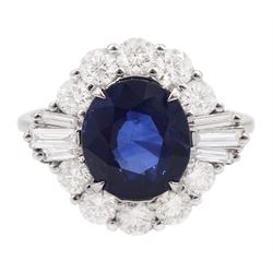 18ct white old oval sapphire, round brilliant cut and baguette cut diamond cluster ring, stamped 750, sapphire 2.93 carat, total diamond weight 1.07 carat, with World Gemological Institute Report