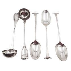 Two George IV Scottish silver Kings pattern toddy ladles, one example slightly larger than the other, both hallmarked Robert Gray & Son, Glasgow 1830 & 1831, together with a set of three Victorian Scottish silver dessert spoons, each with scroll top handles, hallmarked Edinburgh 1897 and 1899, no maker's mark