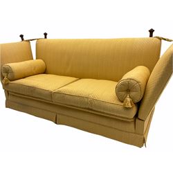 Peter Silk of Helmsley - Knole style grande sofa, drop arms with mahogany finials, upholstered in pale gold fabric, with baluster cushions 