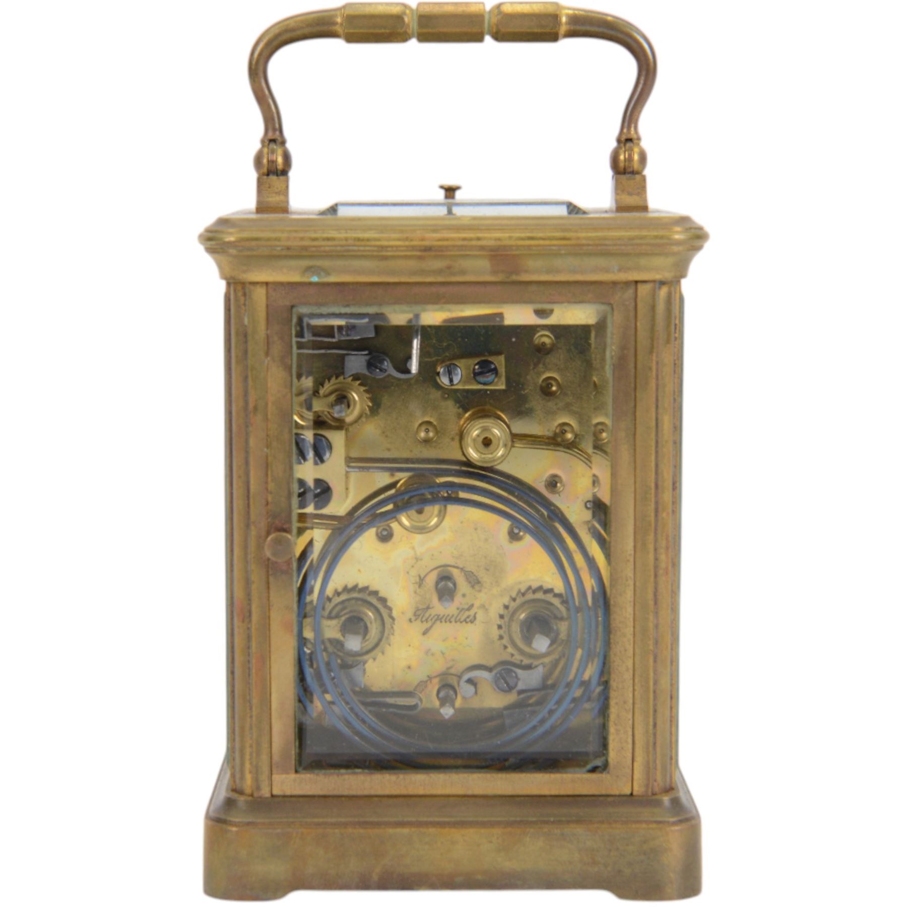 French-19th century 8-day carriage clock in a corniche case, two train striking movement with repeat work and alarm, enamel dial with Roman numerals and five minute Arabic’s, spade hands and alarm setting dial, movement with a lever platform escapement sounding the hours and alarm on a gong. With original case and key.