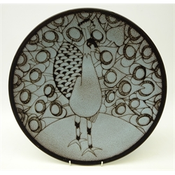  Poole pottery Aegean circular charger decorated with a peacock by Ros Sommerfelt, D41cm   