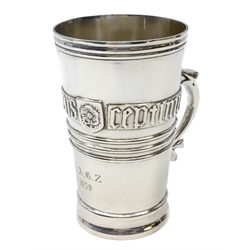  Medieval style silver ale mug by Albert Edward Jones Birmingham 1938 with raised banding dog and strapwork decoration, lettering 'Henricus Ceptimus' in the style of the Winchester Bushel, H14.8cm, 14.2 oz  