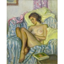  Olive Bagshaw (Northern British fl.1965-1978): Female Nude Sleeping in an Armchair, oil on canvas laid on board unsigned 49cm x 39cm Provenance: from the Artist's Studio Sale. Miss Bagshaw who was born in Salford, received her formal art training at Salford and Manchester Art School. Her work has been regularly accepted at the Royal Society of Portrait Painters, the Royal Academy and Federation of British Artists (Information from a 1970's Monks Hall Museum and Gallery exhibition catalogue)  DDS - Artist's resale rights may apply to this lot  