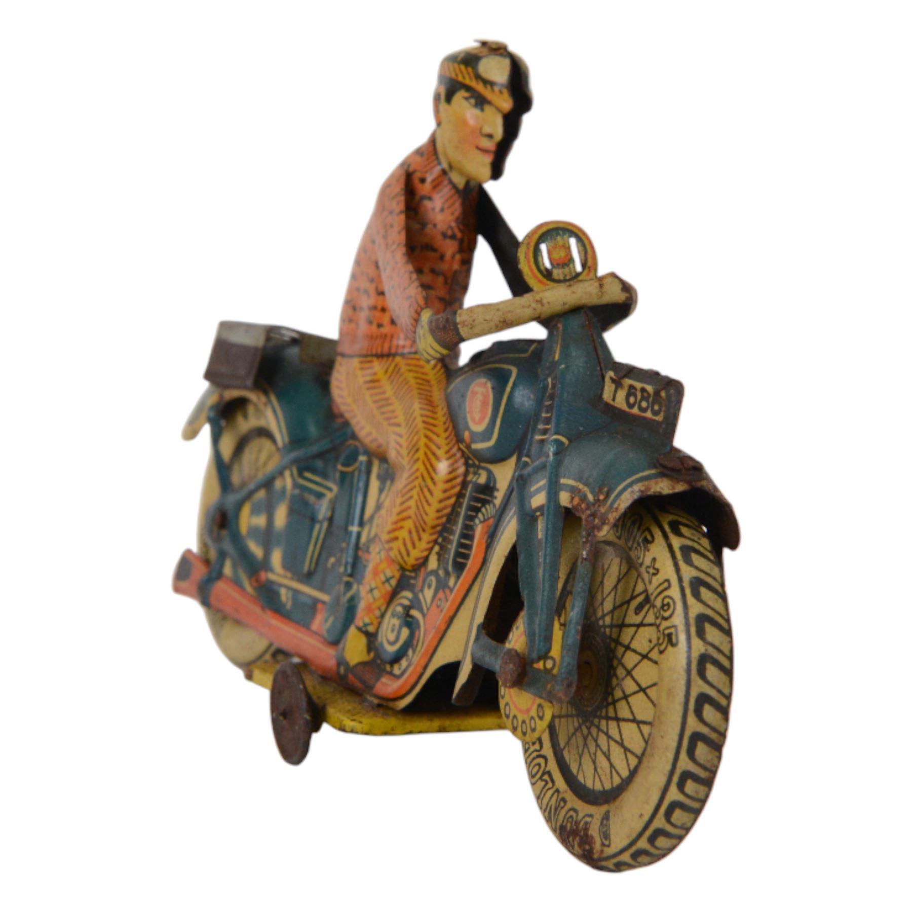 Tipp & Co tinplate clockwork motorcycle no. T686, the motorbike in dark blue with Dunlop cord wheels in cream, the civilian rider in orange clothing, H12.5cm ,W19cm