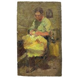Attrib. Harold Knight (Staithes Group 1874-1961): Lady Knitting, oil on canvas signed with initials HK 18cm x 11cm