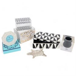 Four Jonathan Adler items, to include Op Art Lacquer box, in black and white geometric pattern, acrylic black Bel Air Scoop vase, Zebra Stacking dish and a white matte photograph frame, together with an Alexandra Von Frustenberg acrylic box with black and white geometric pattern