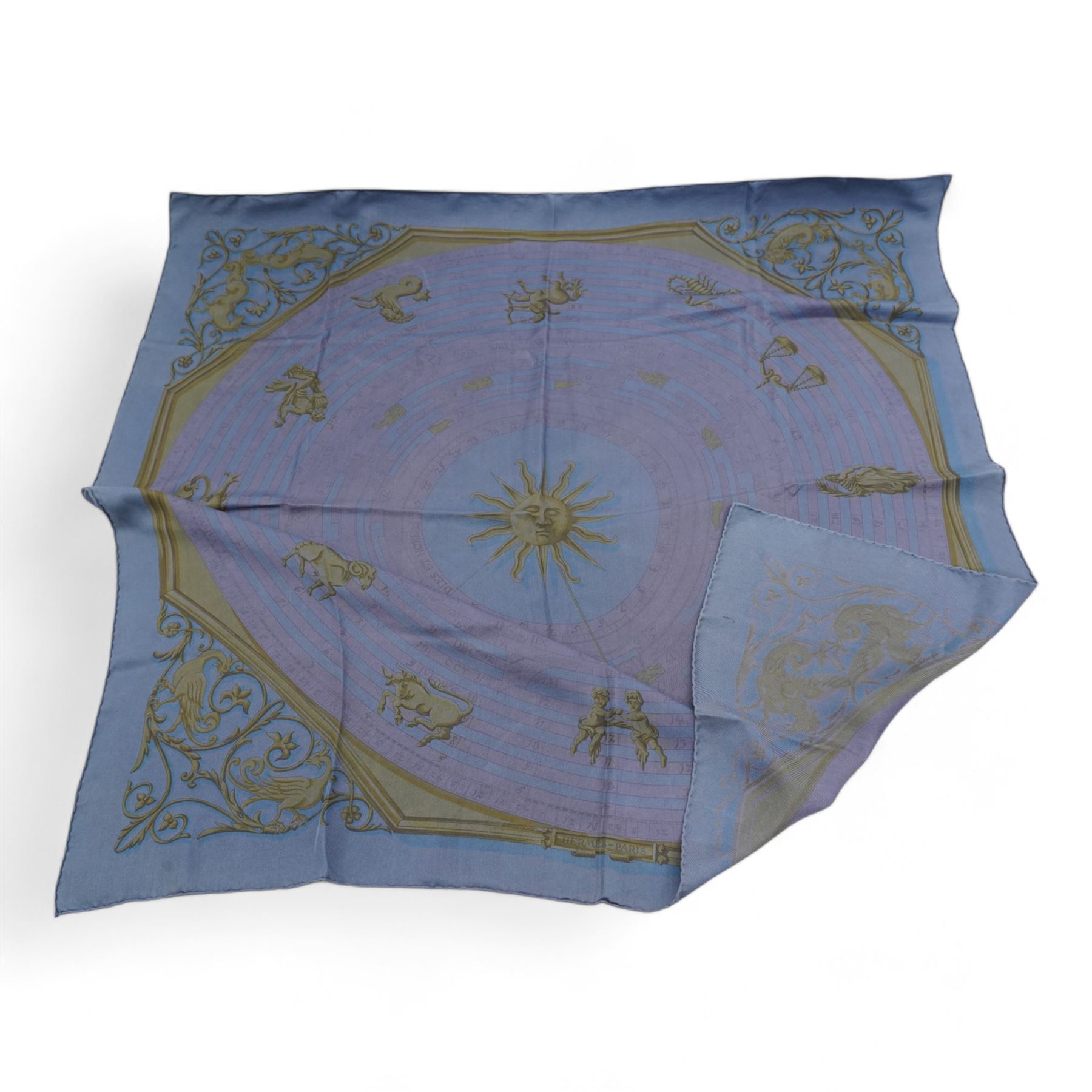 Hermes 'Astrologie' dip dye silk scarf in blue and black colourway, designed by Francoise Facconet, 90cm x 90cm 