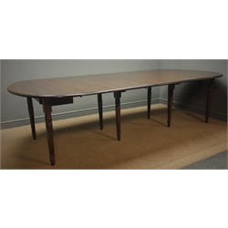  Oka Petworth French walnut extending dining table with five leaves, eight turned supports, W135cm, H80cm, L310cm  