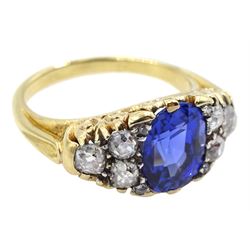 18ct gold oval synthetic sapphire and six stone old cut diamond ring 