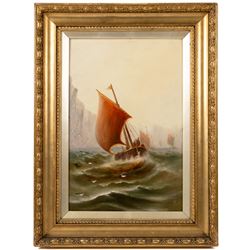 William James Smith Crampton (British 1855-1935): Fishing Vessels on Misty Waters, pair oils on board signed, in matching frames 45cm x 30cm (2)