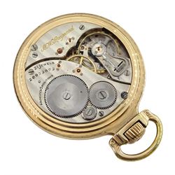 Elgin watch Co gold-plated open face B.W. Raymond 'up & down' keyless 21 jewels, lever railroad pocket watch, No. 28933873, white enamel dial with Arabic numerals, subsidiary seconds and up down indicator dials, screw back case No. 9635089