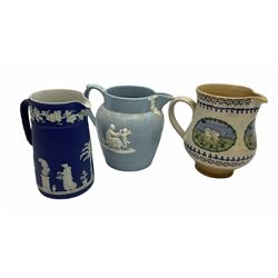 Wedgwood queensware jug H15cm, 19th century jasperware jug H17cm and Nicholas Moose pottery jug H17cm. 