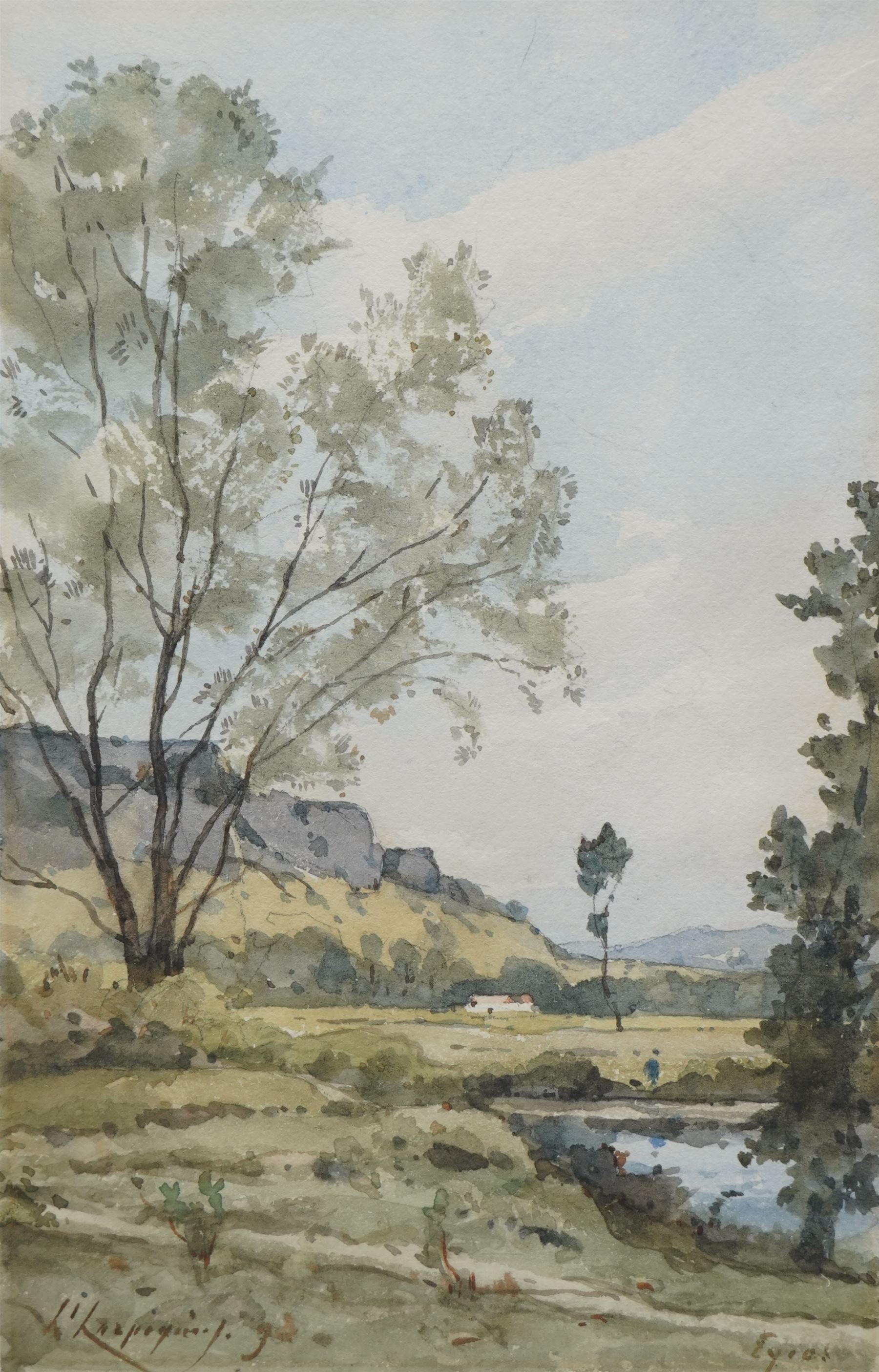 Henri Joseph Harpignies (French 1819-1916): 'Eyios' - Les Eyzies Landscape with River Vézère, watercolour signed titled and dated '9, 24cm x 15cm
Provenance: Thomas Agnew & Sons gallery label verso