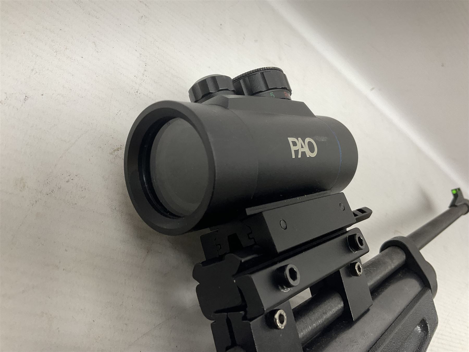 Crosman Model 2250B .22 cal. CO2 rifle, with PAO red dot sight and skeleton stock, serial no.221B76447, L77.5cm overall  NB: AGE RESTRICTIONS APPLY TO THE PURCHASE OF AIR WEAPONS.