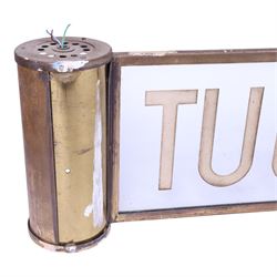 Way Out sign, from cinema or theatre, the central glass panel market Way Out, with brass border and two cylindrical brass mounts for lights to each end, H25cm, L81cm 
