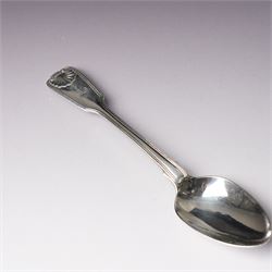 Pair of engraved silver napkin rings London 1912, two 19th century fiddle pattern dessert spoons, four condiment and teaspoons and a silver pepperette