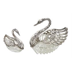 Silver mounted cut glass swan dish, with