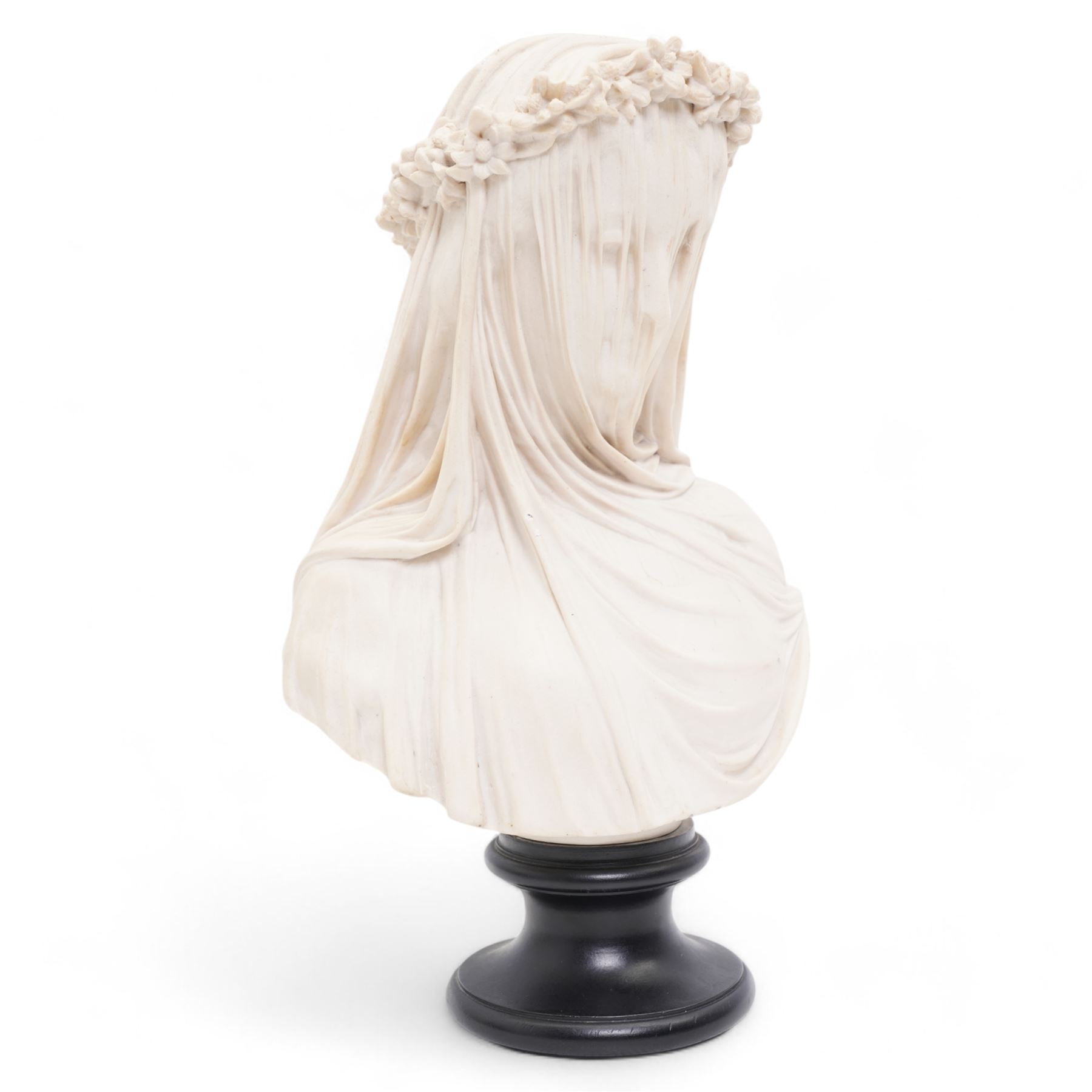 Composite marble bust, The Bride, after the Raffaele Monti, signed to underside 'A. Filli Firenze Italy', base inset with French Peter the Great 1717 medallion, H37cm