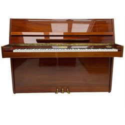 Steinmayer upright series 108 piano in sapele mahogany case, with an overstrung Iron frame and underdamper action, sustain, sostenuto and practise pedal, full compass seven octave 88 note keyboard serial Number 97050003 